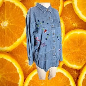 Bobbie Brooks Women's Floral Embroidered Denim Button-Down Shirt Size L‎